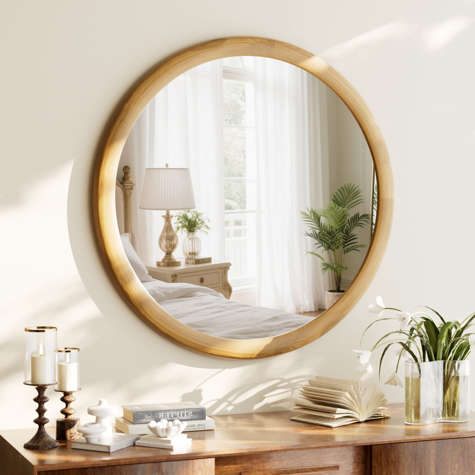 Easy4Home 24" x 24" Round Bathroom Mirror Wall Decor with Wooden Frame, Natural Wood
