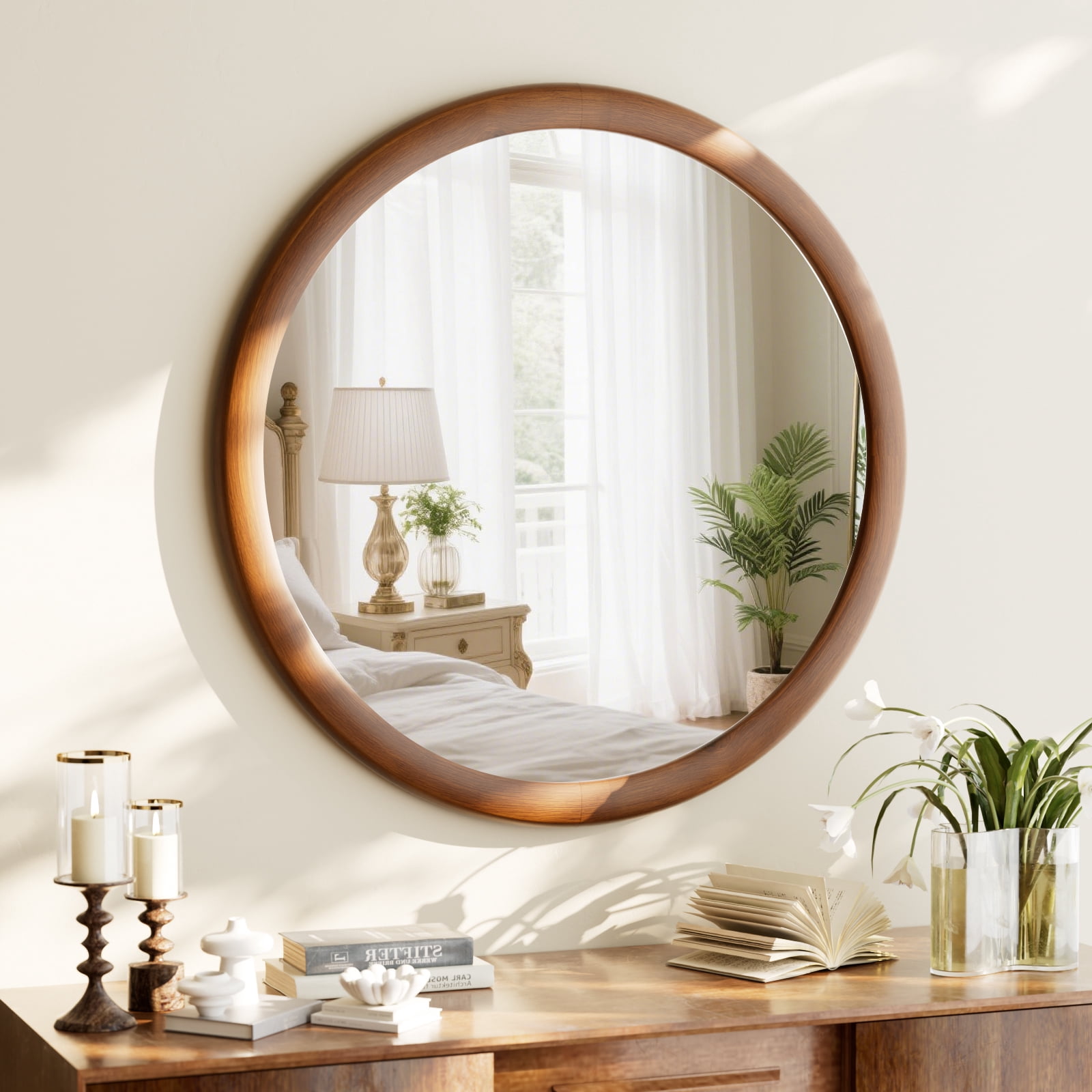 Easy4Home 24" x 24" Round Bathroom Mirror Wall Decor with Wooden Frame, Walnut