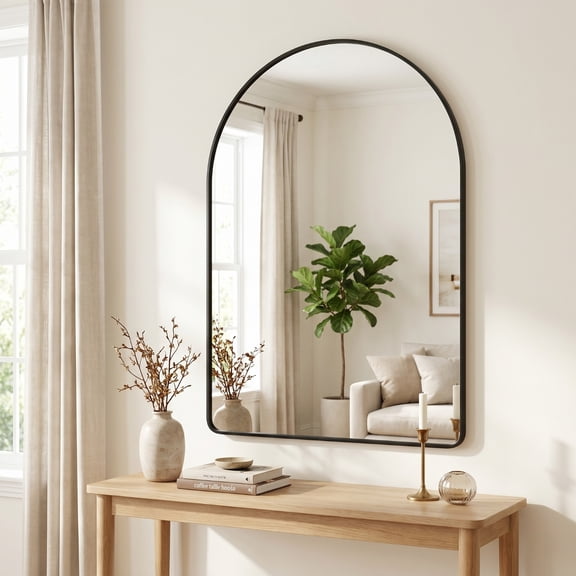 Easy4Home 20"x28"Rounded Arched Bathroom Mirror Decor Vanity Mirror Wall Mounted,Black