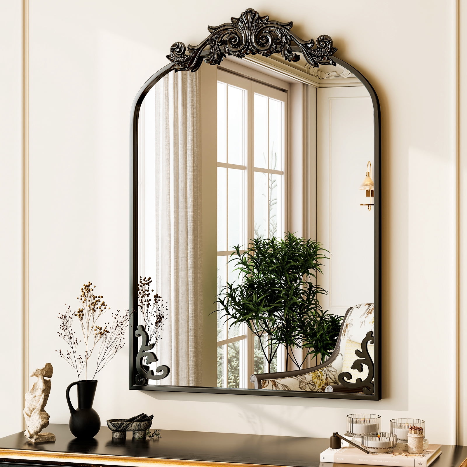 Easy4Home 24"x38" Arched Baroque Style Bathroom Mirror Vintage Decorative Wall Mirror, Black