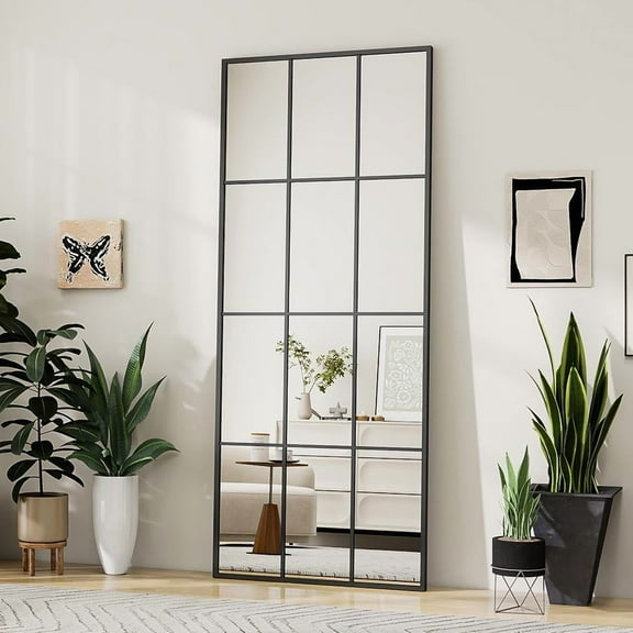 Easy4Home 24"x65" Rectangular Full Length Windowpane Mirror Decorative Floor Mirror Wall-Mounted, Black