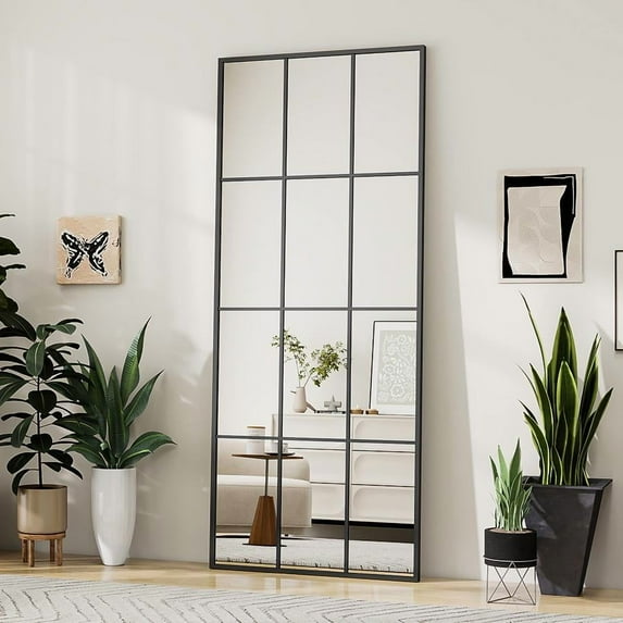 Easy4Home 24"x65" Rectangular Full Length Windowpane Mirror Decorative Floor Mirror Wall-Mounted, Black