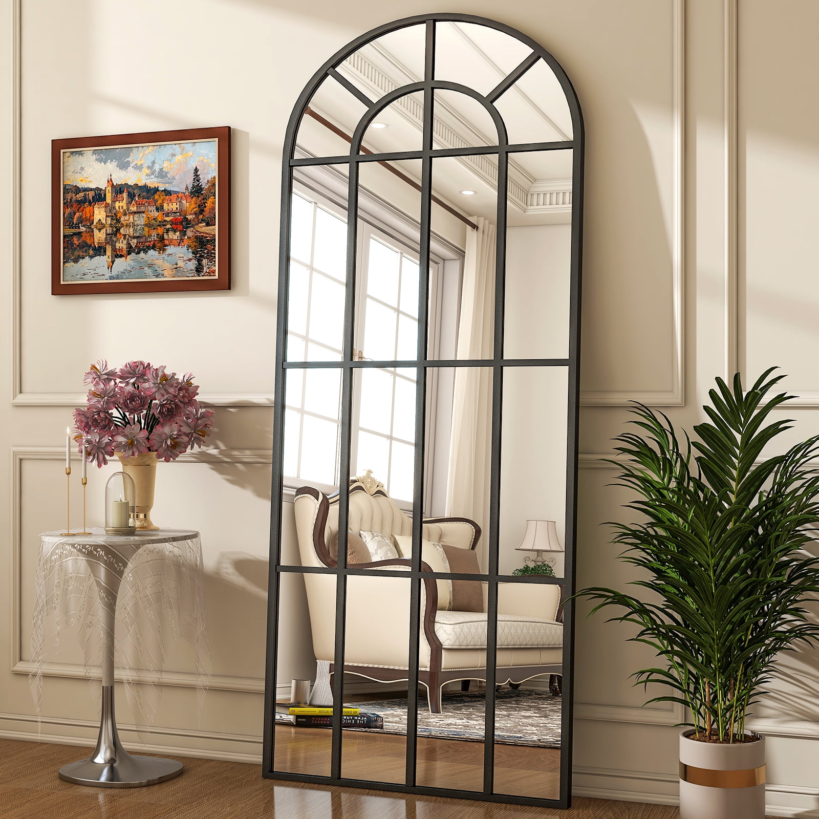 Easy4Home 24"x68" Arched Full Length Windowpane Mirror Decorative Floor Mirror Wall-Mounted, Black