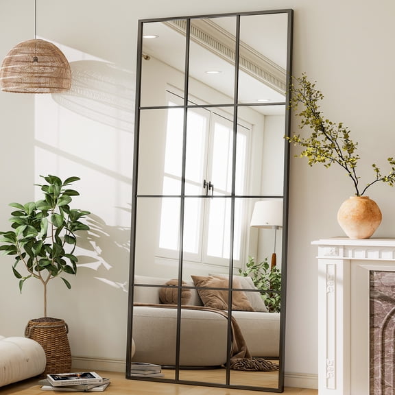 Easy4Home 24"x68" Rectangular Full Length Windowpane Mirror Decorative Floor Mirror Wall-Mounted, Black