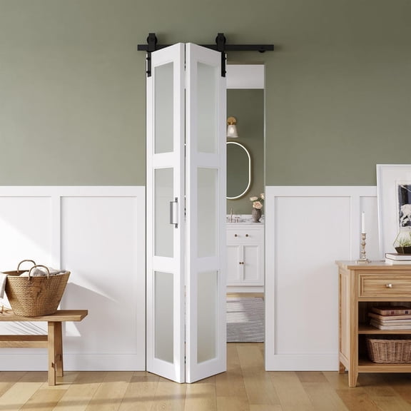 Easy4Home 24"x84" Bifold Barn Door Frosted Glass Design with Hardware and Track Kit