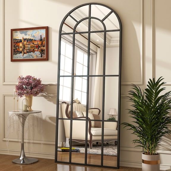 Easy4Home 25"x69" Windowpane Arched Full Length Mirror Decorative Floor Mirror Wall-Mounted, Black