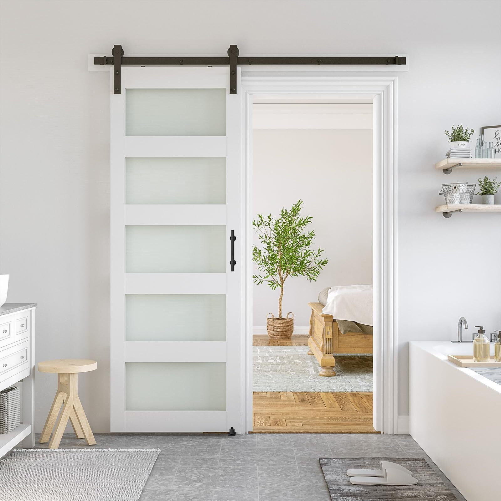 Easy4Home 26"x 84" Glass Sliding Barn Door With 5ft Sliding Door Hardware Kit & Handle Pre-Drilled