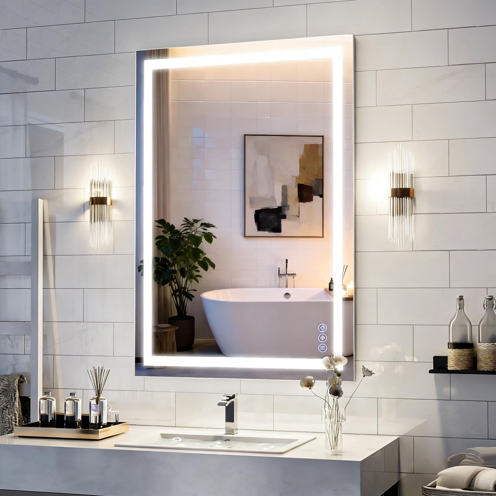 Easy4Home 26"x38" LED Bathroom Mirror Wall Mounted Anti-Fog Vanity Mirror with Adjustable Lights, White