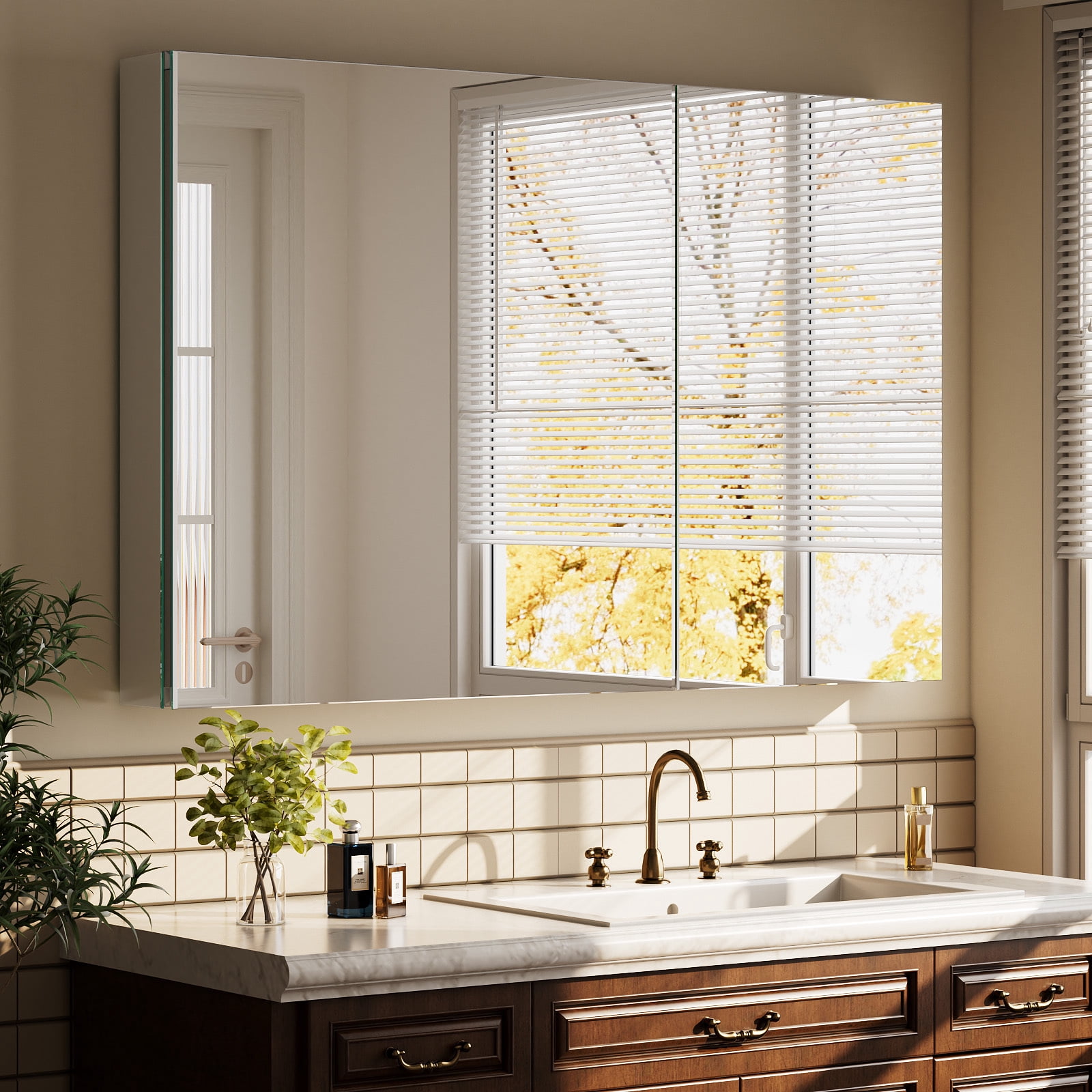 Easy4Home 26"x40" Bathroom Medicine Cabinet with Mirror, Surface Mount Mirror Cabinet with 2 Doors & Adjustable Shelves