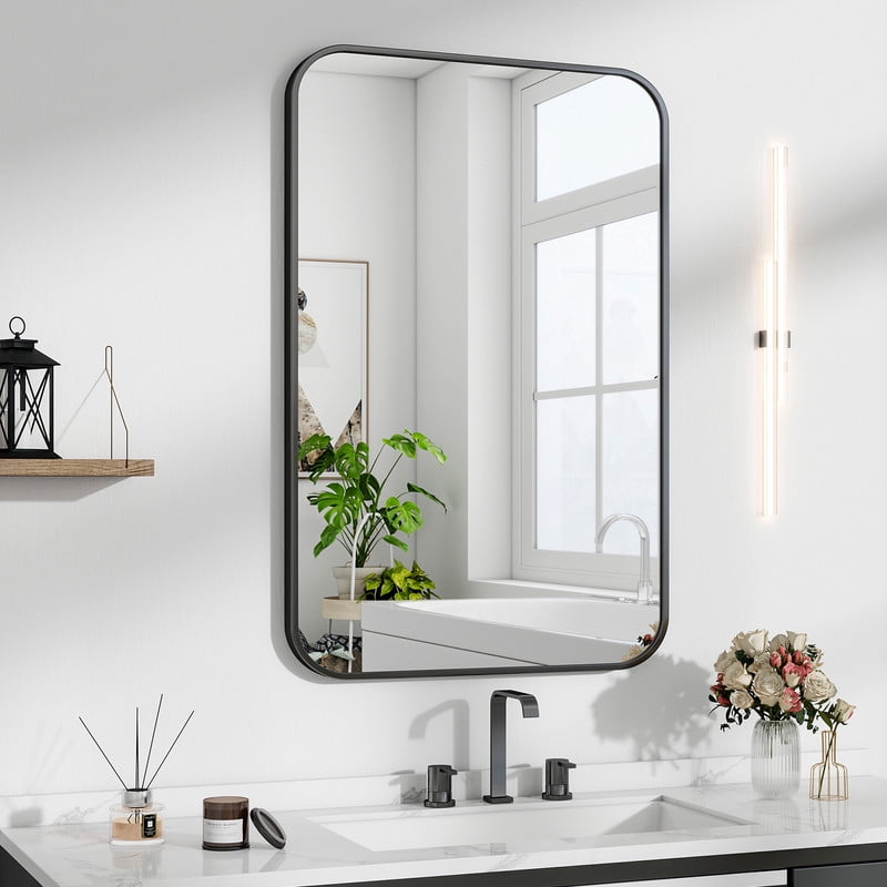 Easy4Home 28"x20" Rectangular Bathroom Mirror Hanging Rounded Corners Vanity Mirror Wall Mounted, Black