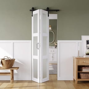 Easy4Home 28"x84" Bifold Barn Door Frosted Glass Design with Hardware and Track Kit