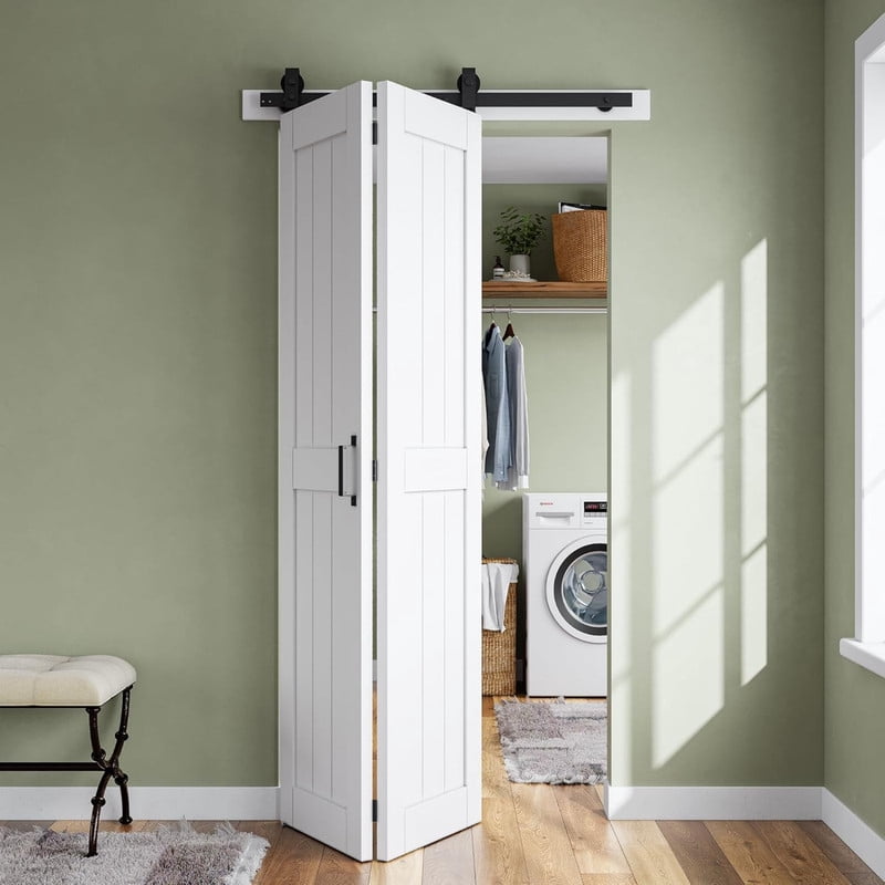 Easy4Home 28"x84" Bifold Barn Door Waterproof PVC Coated with 32"Track and Hardware Kit