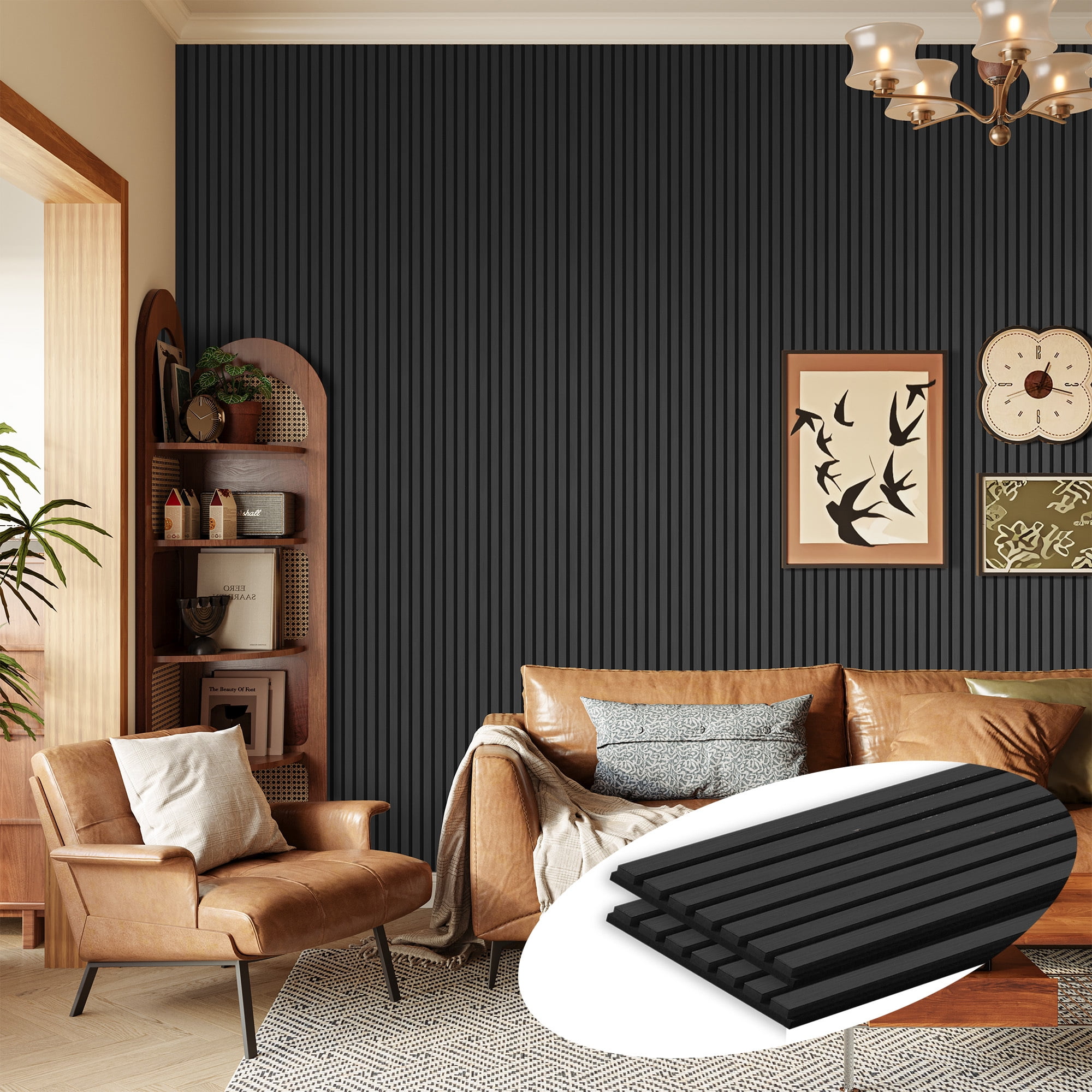 Easy4Home 2Pcs 106"x12.6" Wood Slat Acoustic Wall Panels, 3D Fluted Soundproof Decorative Panels for Interior Walls, Dark Gray