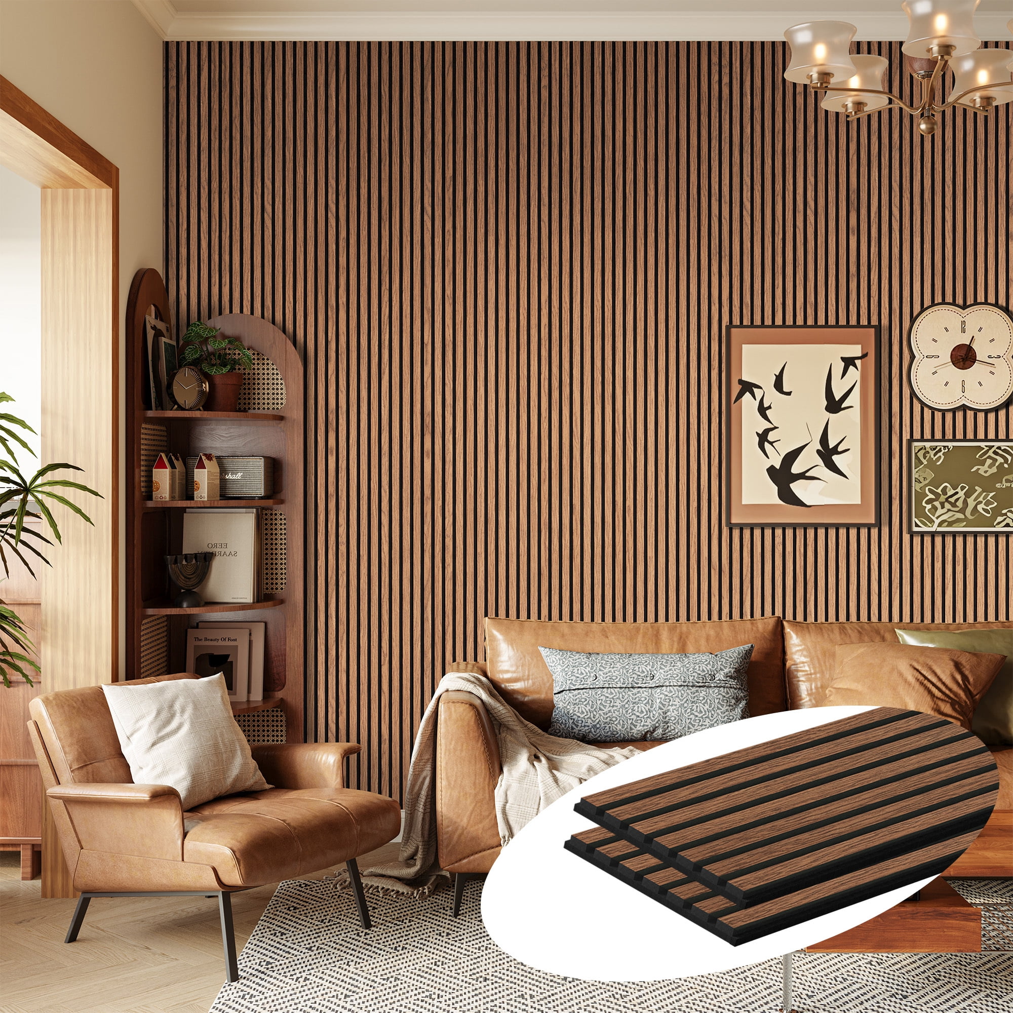 Easy4Home 2Pcs 106"x20.5" Wood Slat Acoustic Wall Panels, 3D Fluted Soundproof Decorative Panels for Interior Walls, Classic Brown