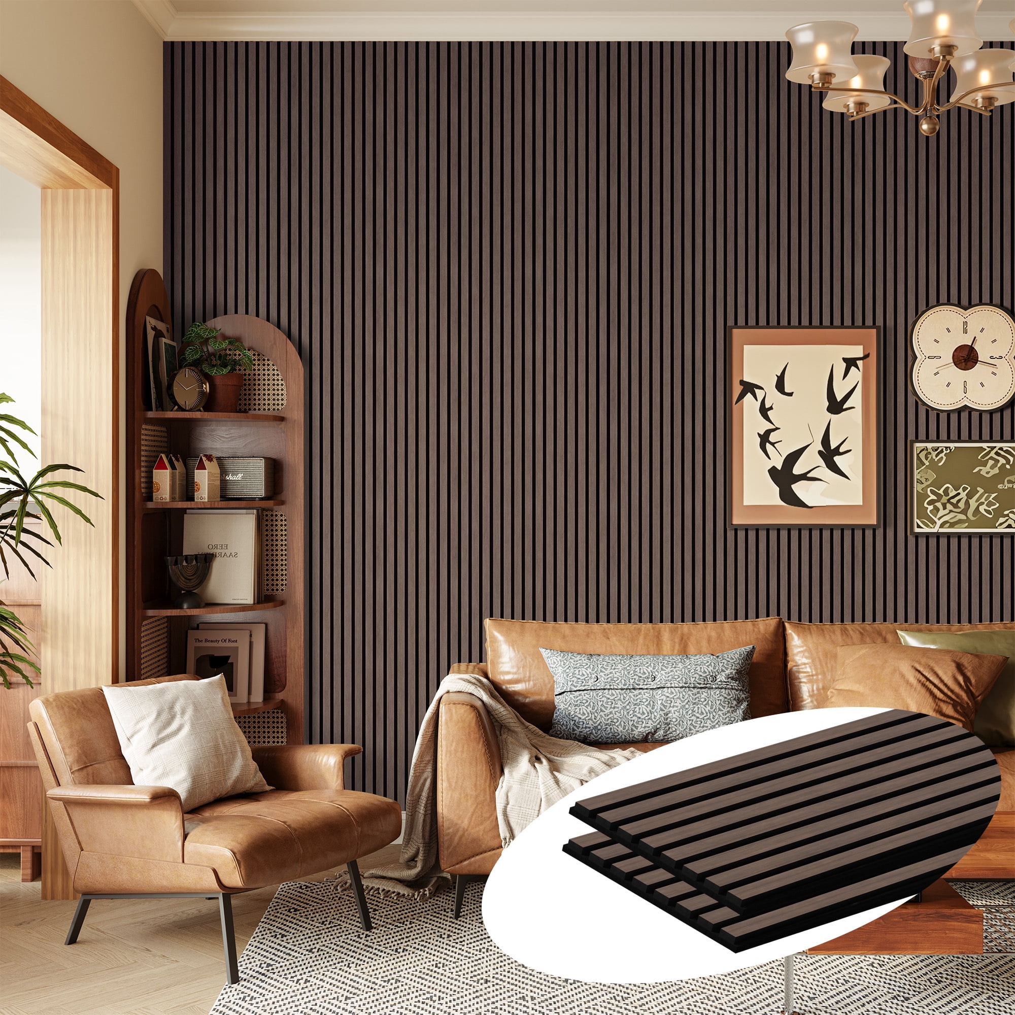 Easy4Home 2Pcs 106"x20.5" Wood Slat Acoustic Wall Panels, 3D Fluted Soundproof Decorative Panels for Interior Walls, Dark Walnut