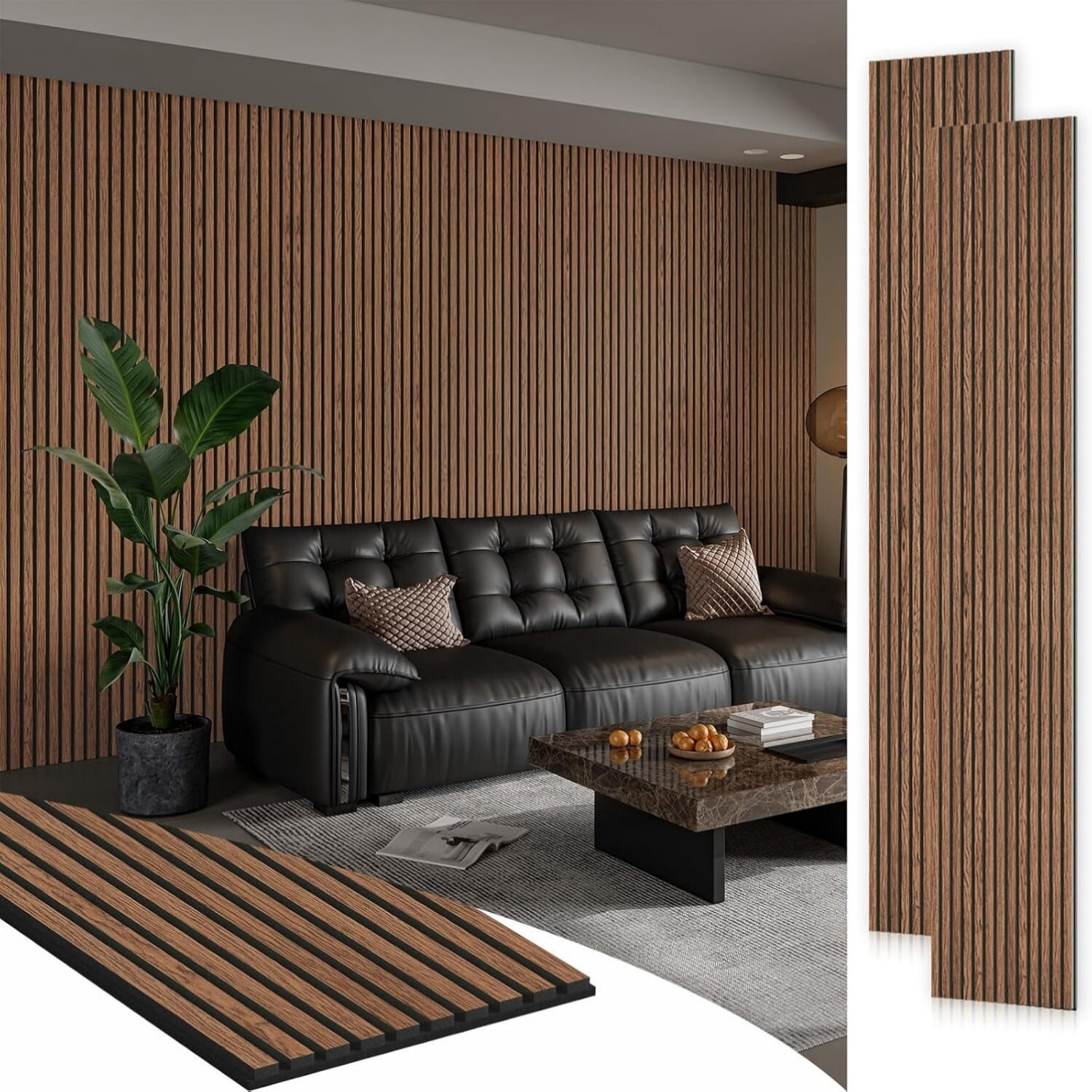 Easy4Home 2Pcs 106"x20.5" Wood Slat Soundproof Wall Panels Acoustic 3D Fluted Decorative Panels, Classic Brown