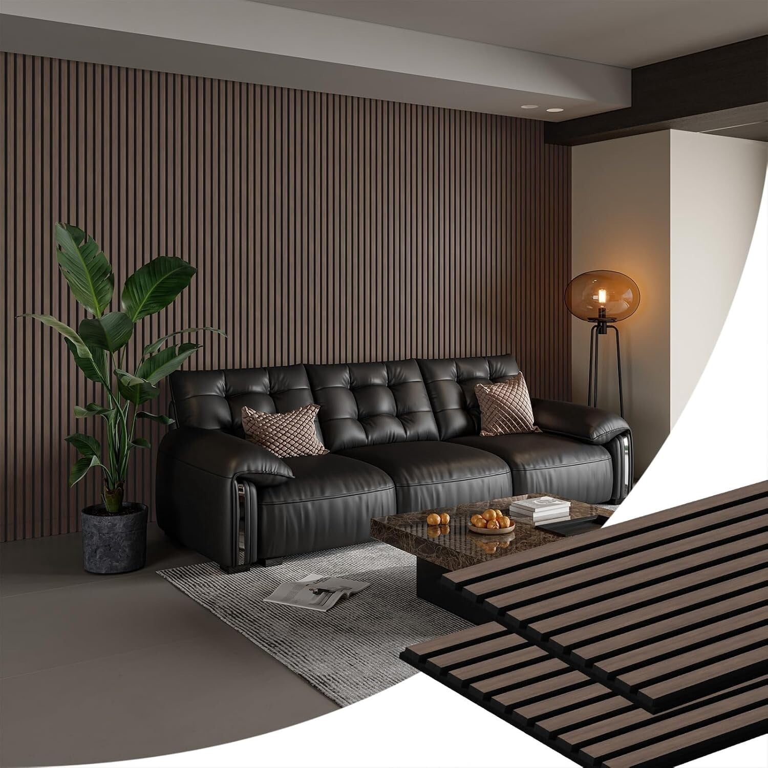 Easy4Home 2Pcs 106"x20.5" Wood Slat Soundproof Wall Panels Acoustic 3D Fluted Decorative Panels, Dark Walnut