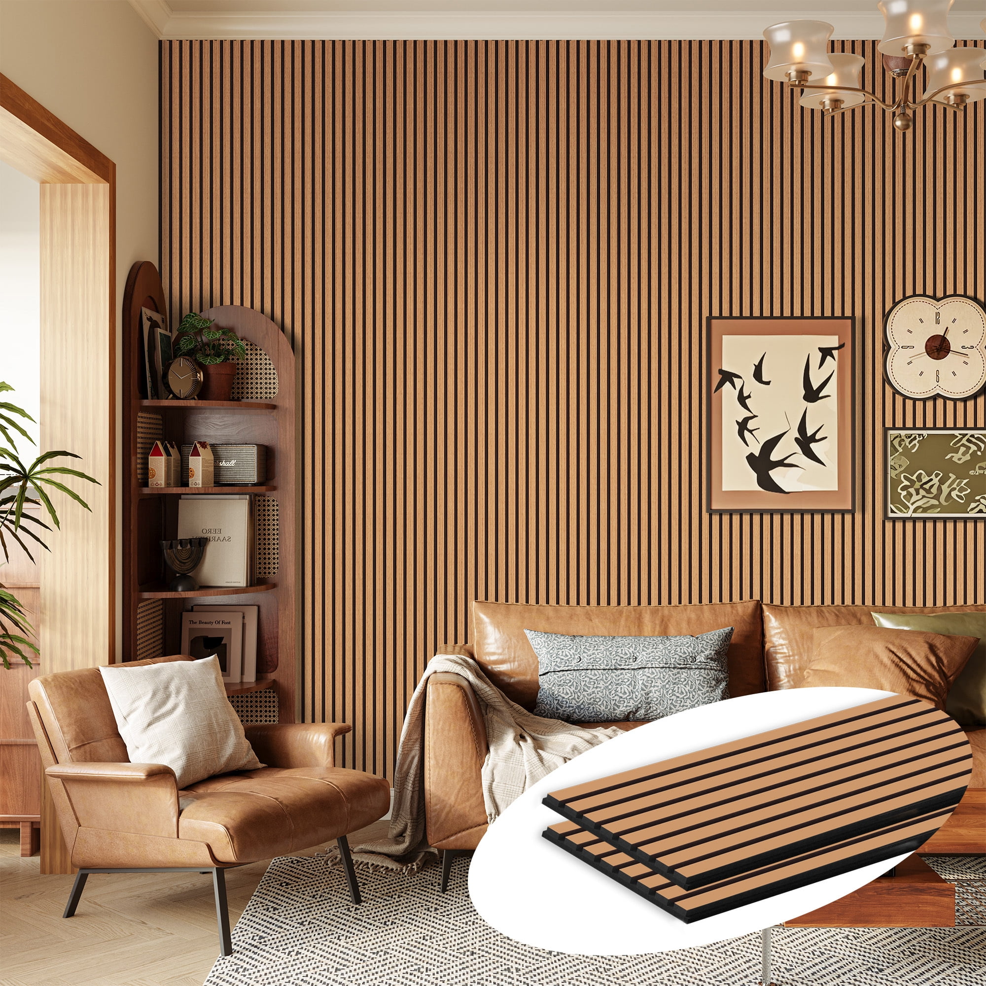 Easy4Home 2Pcs 94.5"x23.6" Wood Slat Acoustic Wall Panels, 3D Fluted Soundproof Decorative Panels for Interior Walls, Light Brown