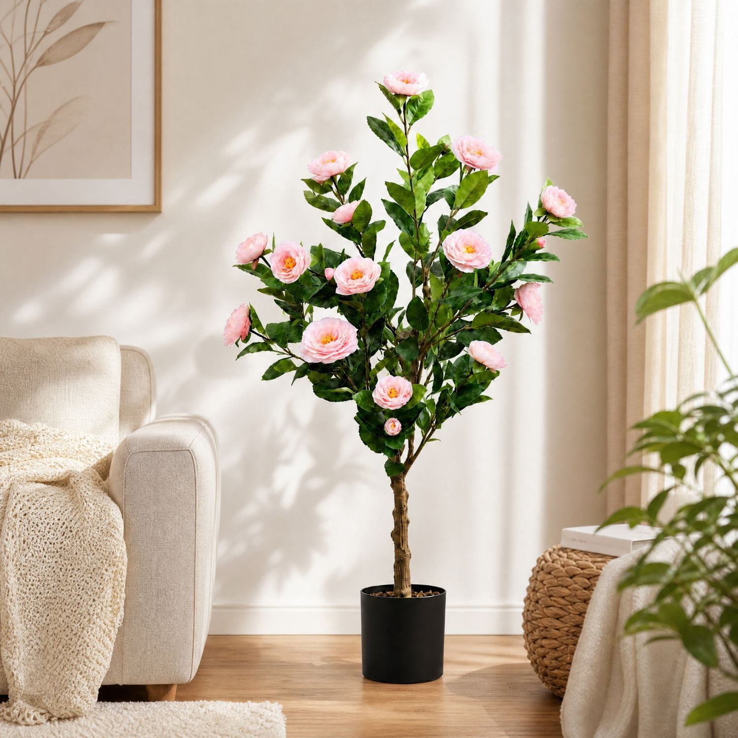 Easy4Home 3.3FT Artificial Flower Plant Fake Camellia Tree Potted Indoor, Pink