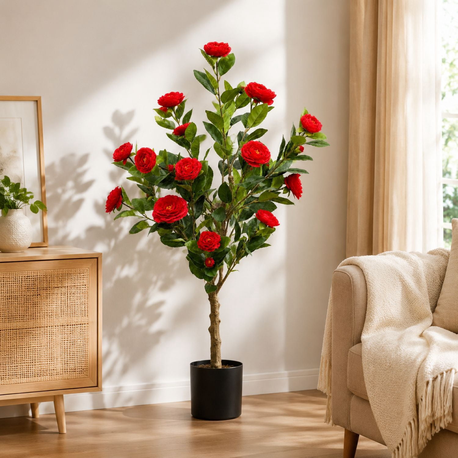 Easy4Home 3.3FT Artificial Flower Plant Fake Camellia Tree Potted Indoor, Red