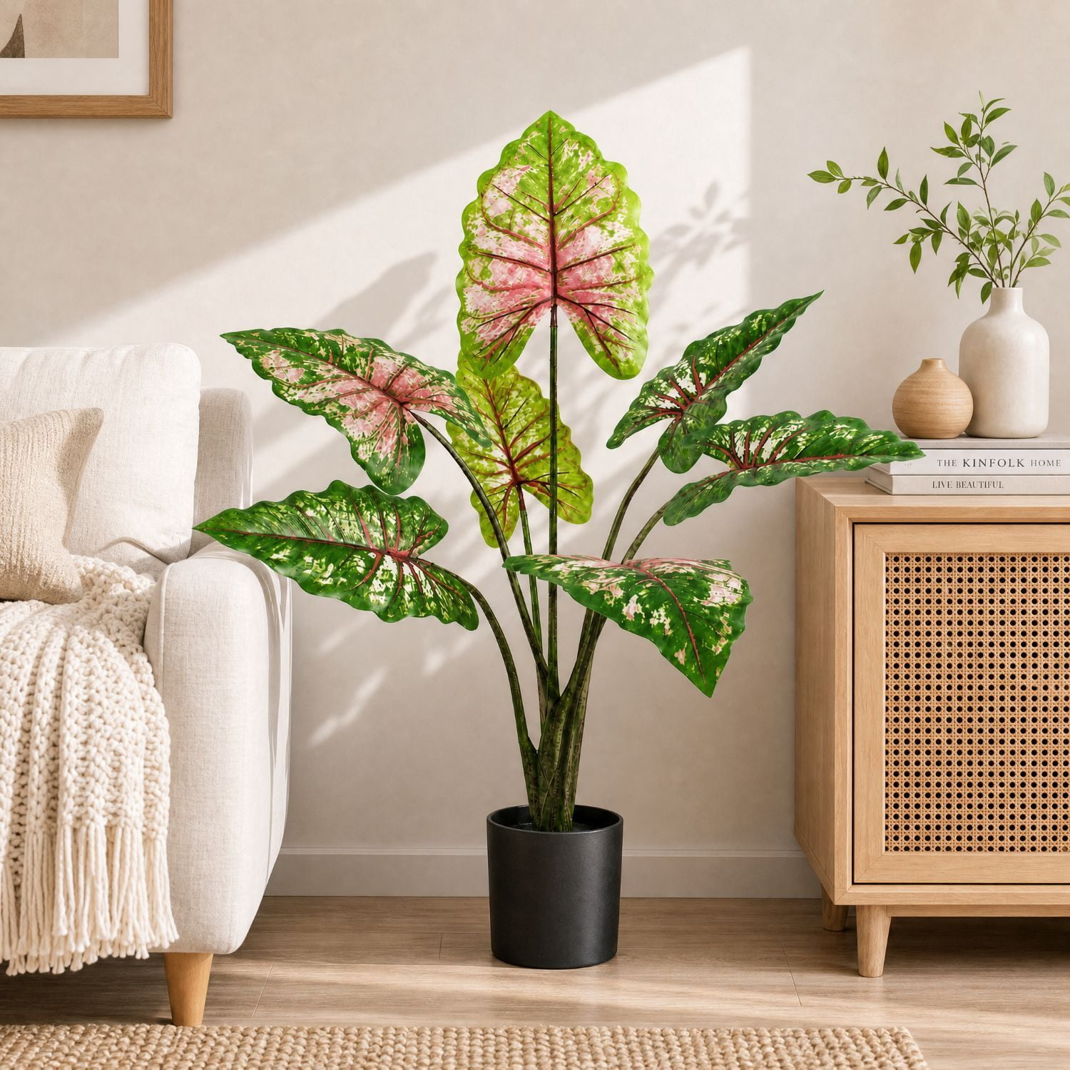 Easy4Home 3.8FT Artificial Plant Fake Caladium Plant Potted Indoor Faux Floor Plant for Home Office Decor, Multicolor