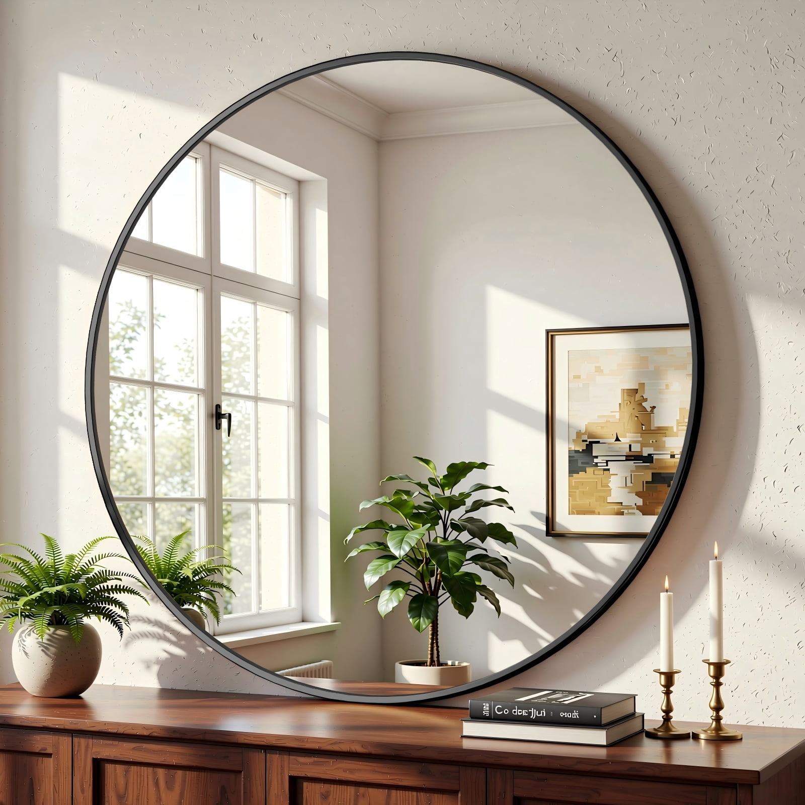 Easy4Home 30 Inch Round Wall Mirror Aluminum Alloy Framed Circle Bathroom Mirror Wall Mounted, Black