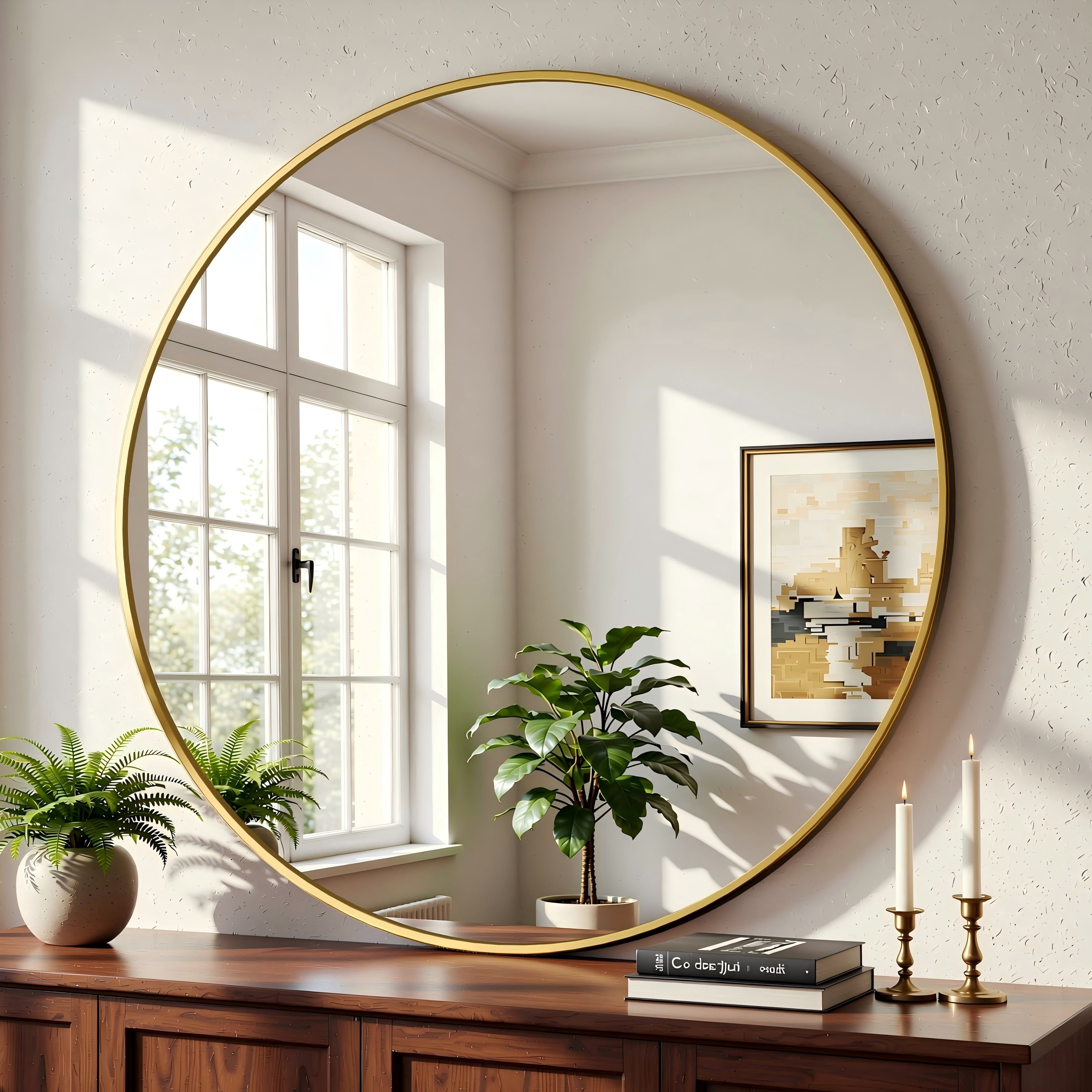 Easy4Home 30 Inch Round Wall Mirror Aluminum Alloy Framed Circle Bathroom Mirror Wall Mounted, Gold