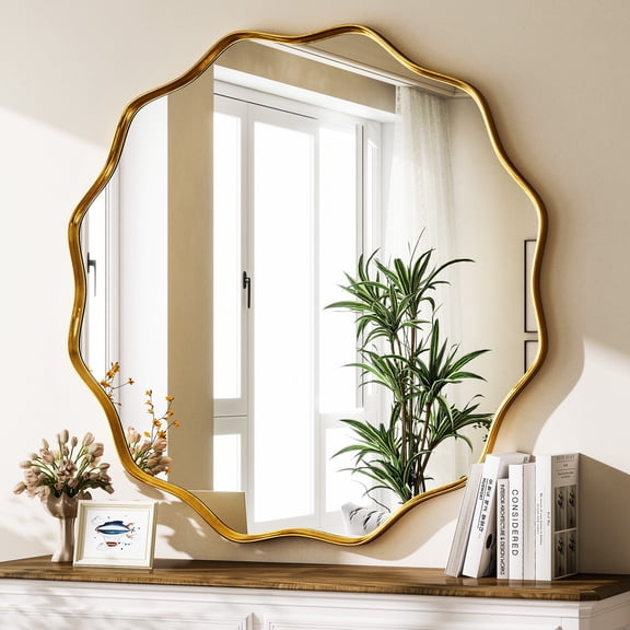 Easy4Home 30" Wavy Round Bathroom Mirror Wall Mounted Decorative Mirror With Deep Frame, Gold