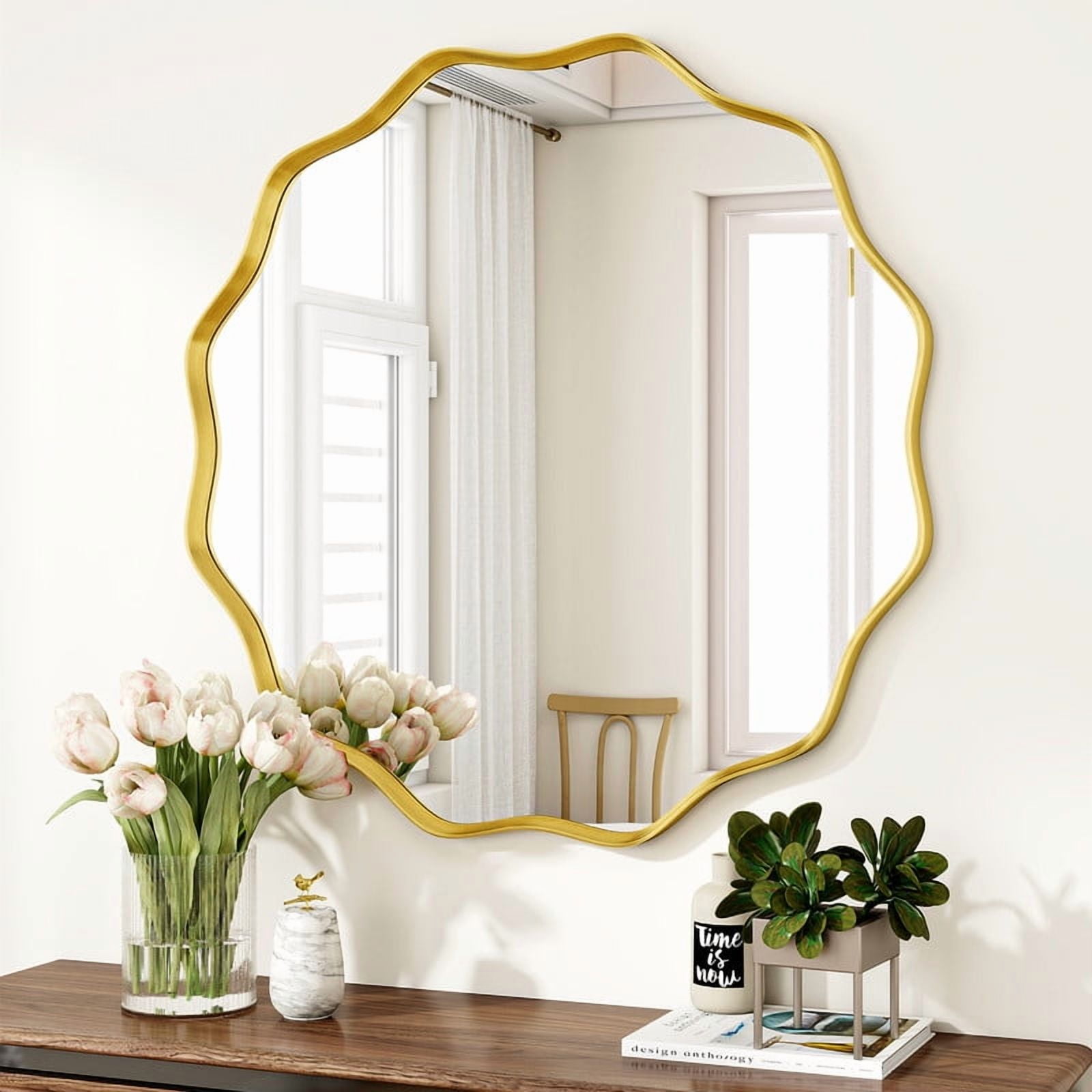 Easy4Home 30" Wavy Round Decorative Mirror With Deep Frame, Gold