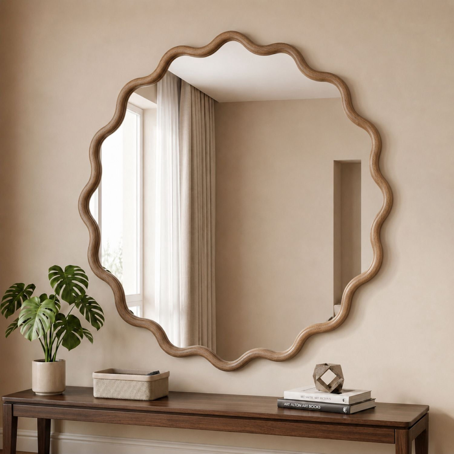Easy4Home 30" x 30" Wavy Round Bathroom Mirror Wall Decor with Wooden Frame, Natural Wood