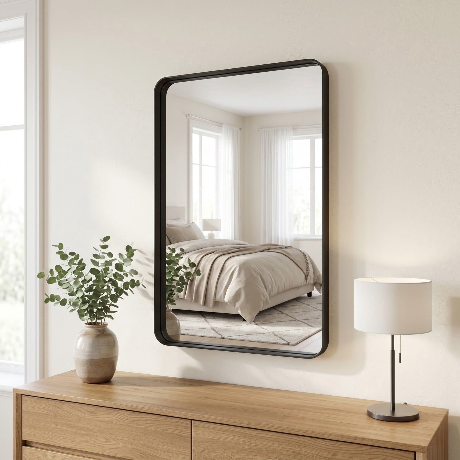 Easy4Home 30"x20" Deep Frame Rounded Rectangle Bathroom Mirror Decor Vanity Mirror Wall Mounted,Black