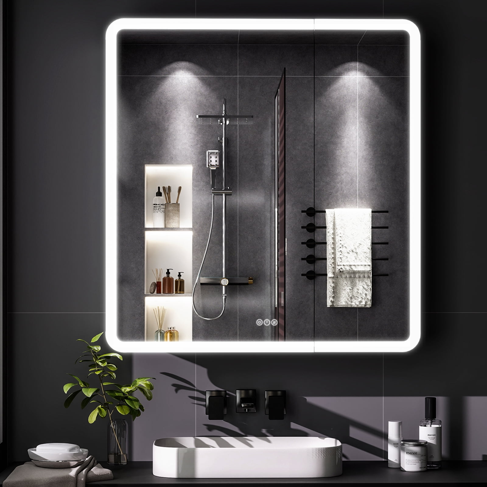 Easy4Home 30"x32" LED Bathroom Medicine Cabinet with Mirror with Adjustable Shelves & One-Door