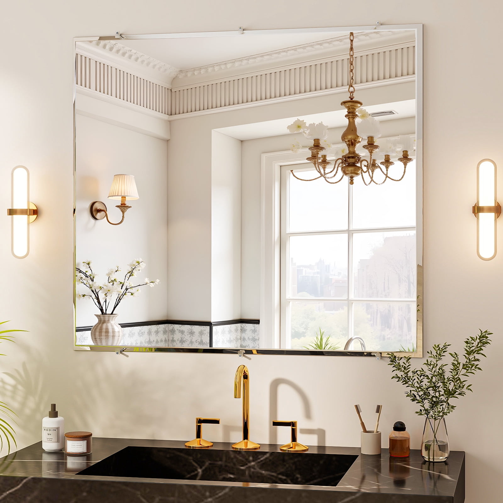 Easy4Home 30"x36" Frameless Rectangular Bathroom Mirror Beveled Edge Vanity Wall Mirror