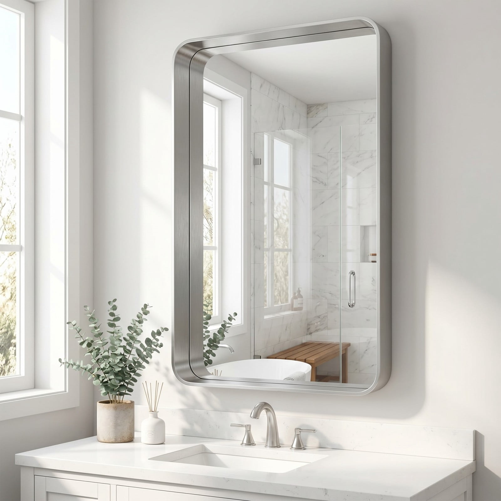 Easy4Home 32"x24" Deep Frame Rounded Rectangle Bathroom Mirror Decor Vanity Mirror Wall Mounted,Silver