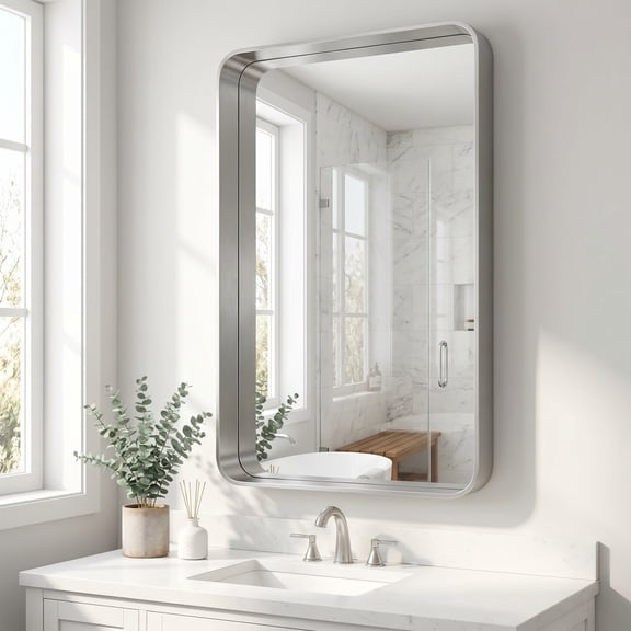 Easy4Home 32"x24" Deep Frame Rounded Rectangle Bathroom Mirror Decor Vanity Mirror Wall Mounted,Silver