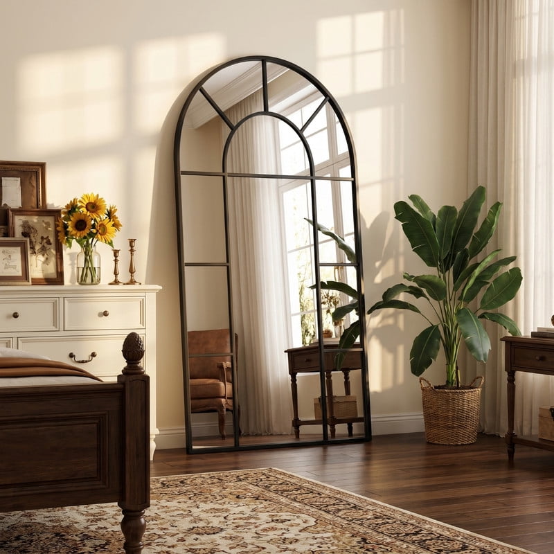 Easy4Home 32"x48" Arched Window Pane Vanity Decorative Wall Mirror,Black