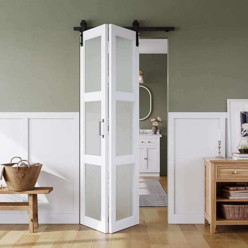 Easy4Home 32"x84" Bifold Barn Door Frosted Glass Design with Hardware and Track Kit