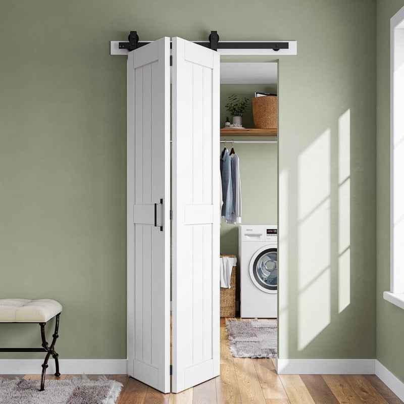 Easy4Home 32"x84" Bifold Barn Door Waterproof PVC Coated with 36"Track and Hardware Kit