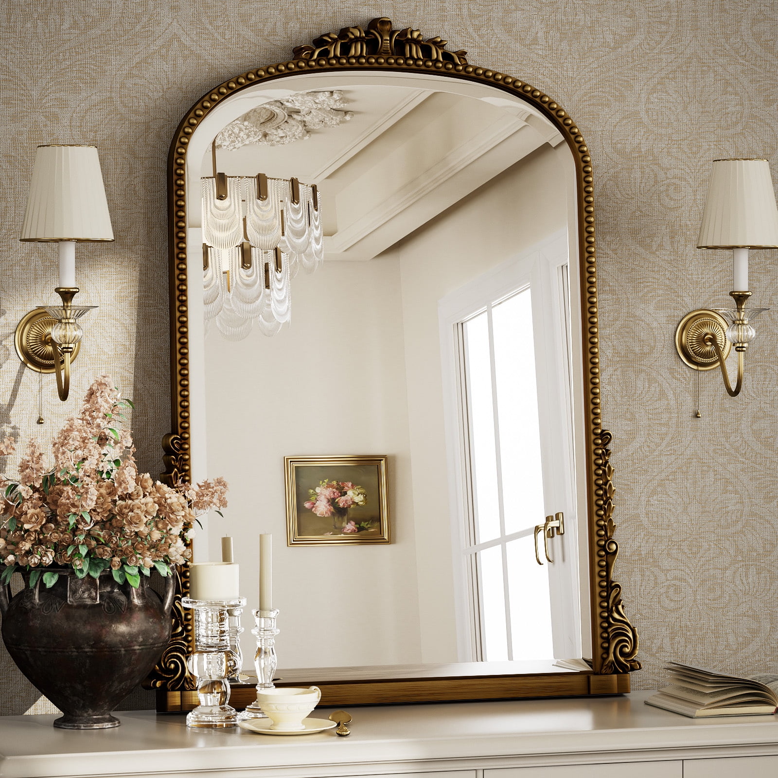 Easy4Home 33"x 24" Arched Decorative Mirror Wall-Mounted,Antique Gold