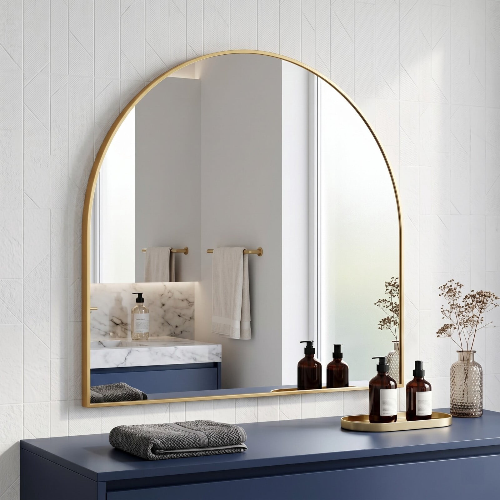 Easy4Home 34"x32"Arched Bathroom Mirror Decor Vanity Mirror Wall Mounted,Gold