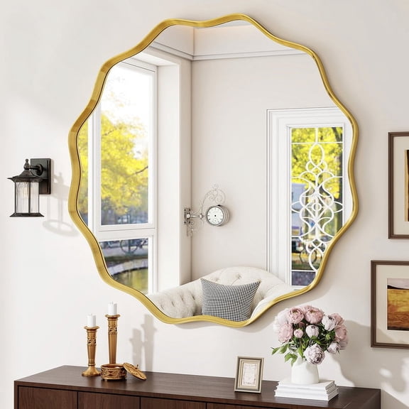 Easy4Home 36" Wavy Round Decorative Mirror With Deep Frame, Gold