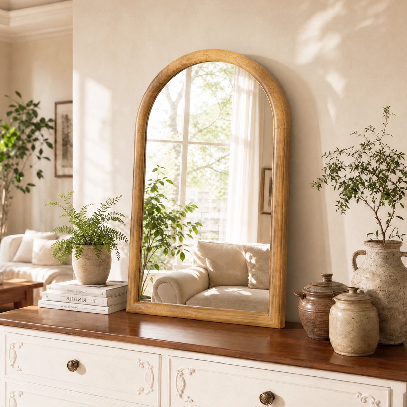 Easy4Home 36" x 24" Arched Bathroom Mirror Wall Decor with Wooden Frame, Natural Wood