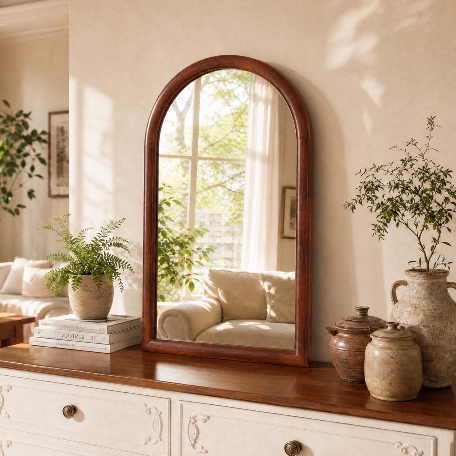 Easy4Home 36" x 24" Arched Bathroom Mirror Wall Decor with Wooden Frame, Walnut