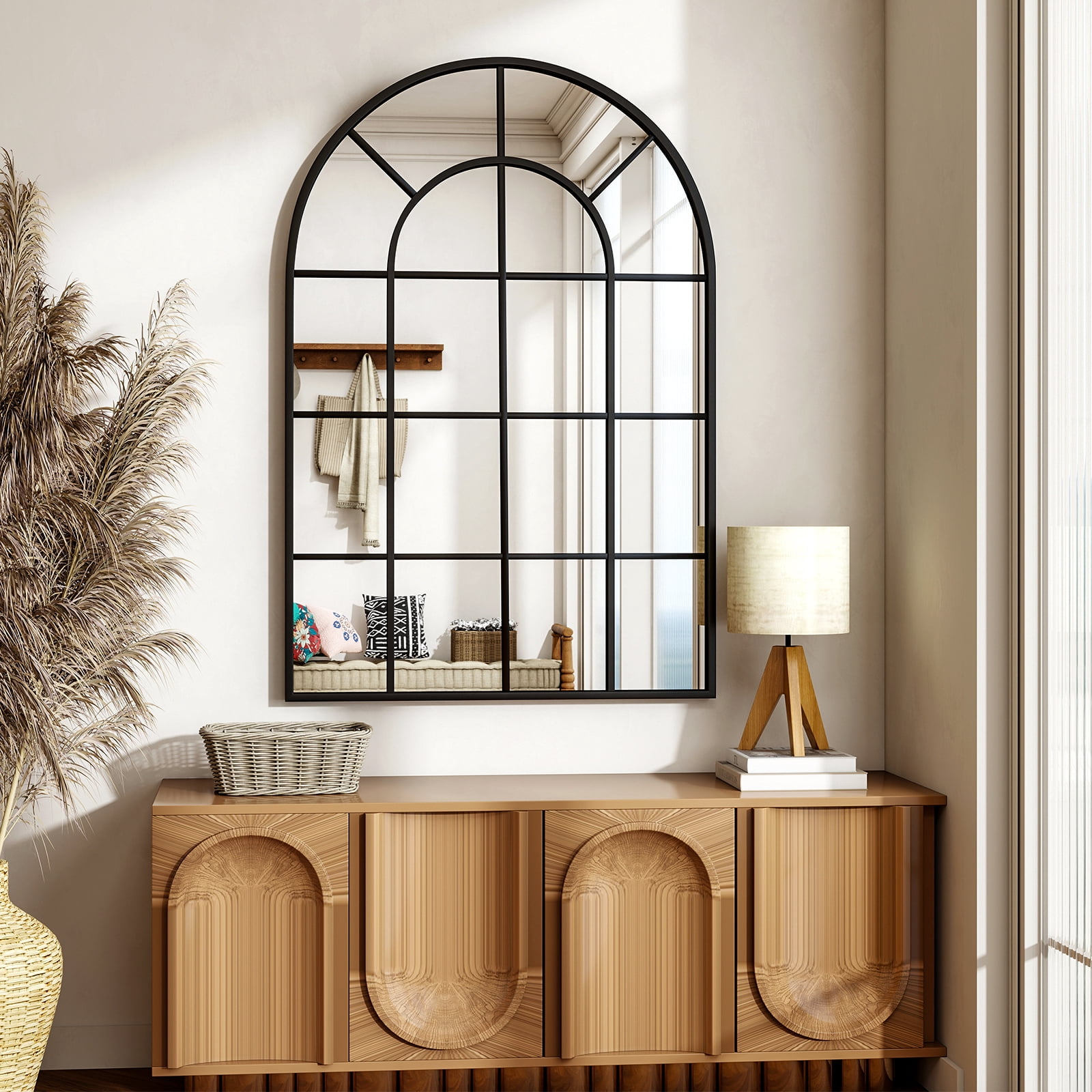 Easy4Home 36" x 24" Windowpane Arched Mirror Decorative Grid Wall Mirror, Black