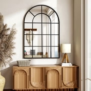 Easy4Home 36" x 24" Windowpane Arched Mirror Decorative Grid Wall Mirror, Black