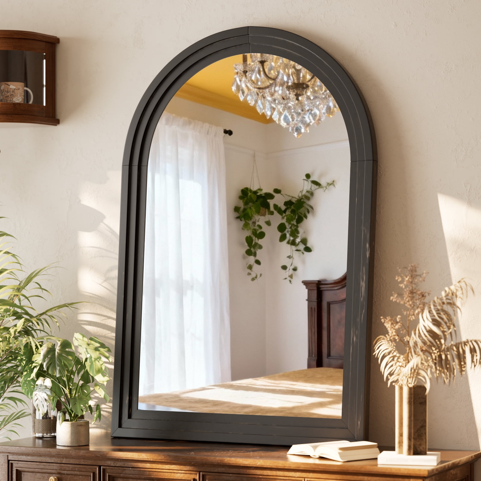 Easy4Home 36"x24" Arched Bathroom Mirror with Wooden Frame Decorative Wall Mounted Mirror, Black