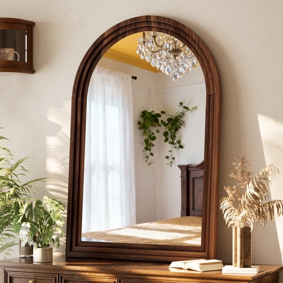 Easy4Home 36"x24" Arched Bathroom Mirror with Wooden Frame Decorative Wall Mounted Mirror, Brown