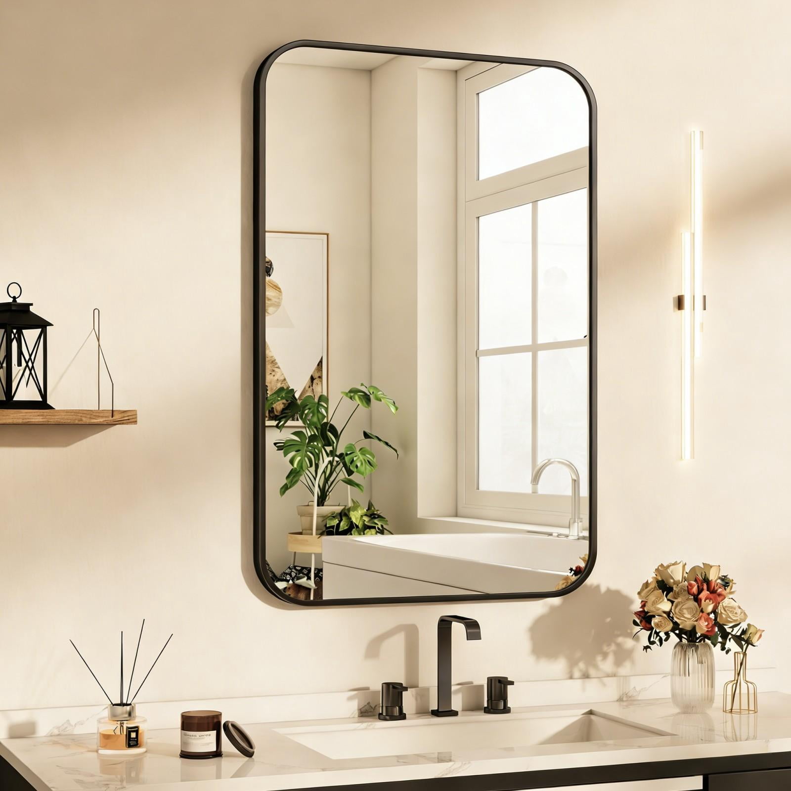 Easy4Home 36"x24" Rectangular Bathroom Mirror Hanging Rounded Corners Vanity Mirror Wall Mounted, Black