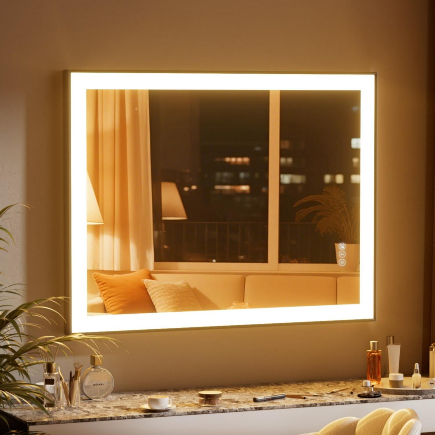 Easy4Home 36"x28" LED Lighted Bathroom Mirror Anti-Fog Vanity Wall-Mounted Mirror with Metal Frame, Black