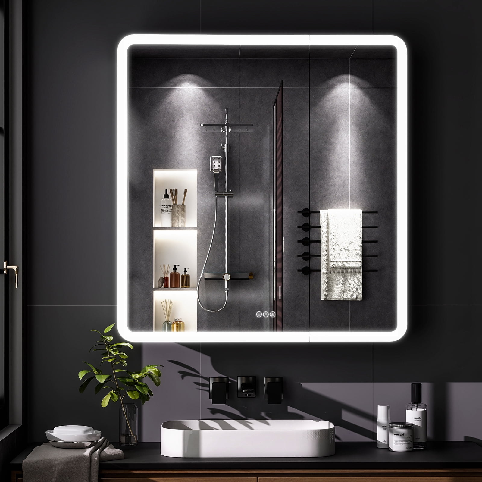 Easy4Home 36"x32" LED Bathroom Medicine Cabinet with Mirror with Adjustable Shelves & One-Door